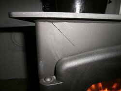 Slight crack on metal of Drolet Myraid Wood Stove  1 28 15.jpg