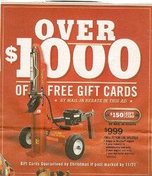 Tractor Supply Splitter is $999 plus you get a $150 mail in rebate