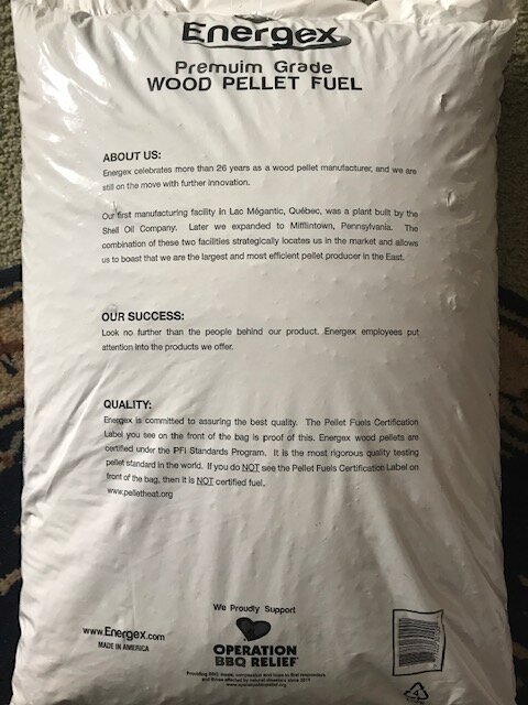 Rear of Energex Premium Hardwood Pellet Fuel bag, 2020 - 2021 Season.