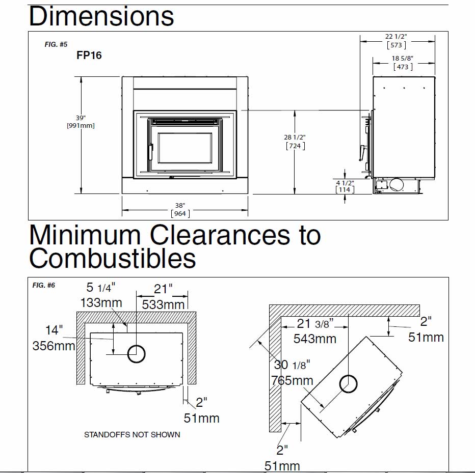 FP16 Wood Fireplace Dimenstions Diagram