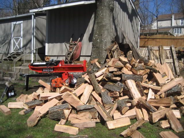 Some split red oak and wood piles.