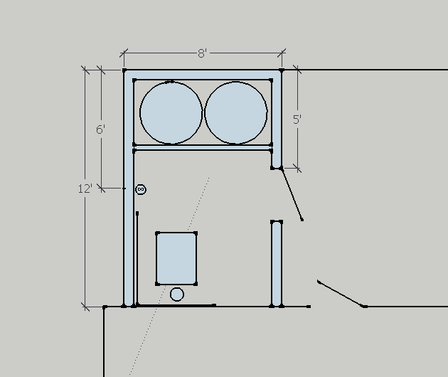 Gas boiler, Indoor boiler behind garage, storage, one line diagram