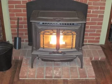 [Hearth.com] Pellet Stove in Front of Fireplace