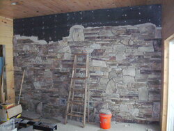 Stone veneer hearth install on painted block wall...need advice