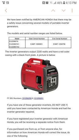 Honda generator recall