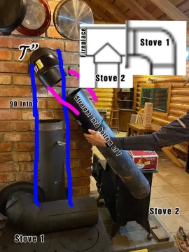[Hearth.com] 2 small wood stoves  into 1 pipe