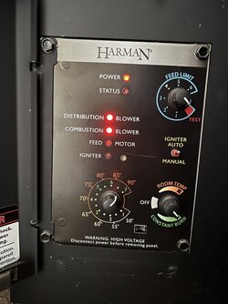 First post.  Harman p35 stopped working.  Won’t feed pellets, but status light is off and combustion blower light stays on.  Loud buzzing