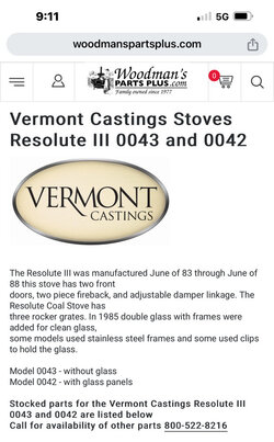 Vermont Casting Resolute warming shelf serial number