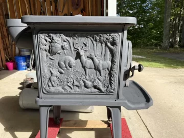 [Hearth.com] Vintage Cawley/LeMay 400 Cast Iron Wood Stove & Piping for Sale