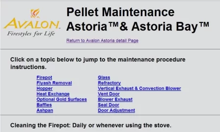[Hearth.com] Travis Avalon web site - Astoria Pellet maintenance procedure instructions - Click to view has Error