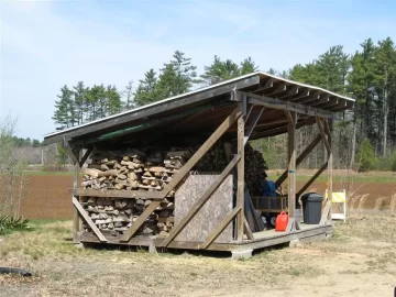 [Hearth.com] Shelter sides rolled up, wood stash revealed..