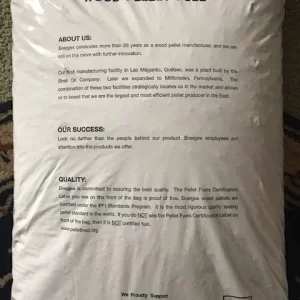 Rear of Energex Premium Hardwood Pellet Fuel bag, 2020 - 2021 Season.