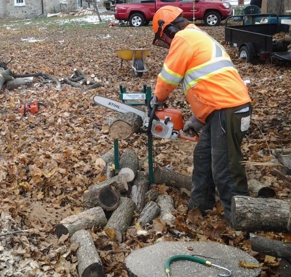 Wear eye protection when using chainsaws