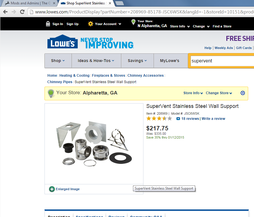 [Hearth.com] SuperVent on sale CHEAP at lowes.