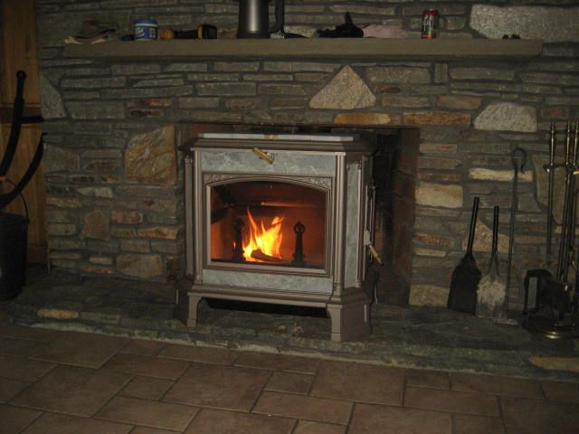 Freestanding Stove in Fireplace.