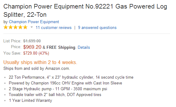 Champion Power Equipment Gas Powered Log Splitter, 22-Ton