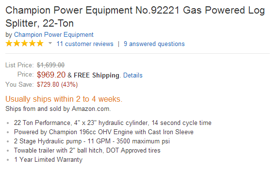 [Hearth.com] Champion Power Equipment Gas Powered Log Splitter, 22-Ton