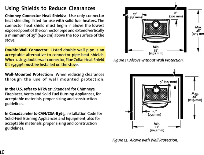[Hearth.com] Jotul F100 Clearances with Double Wall Stove pipe and "extra" heat shield?